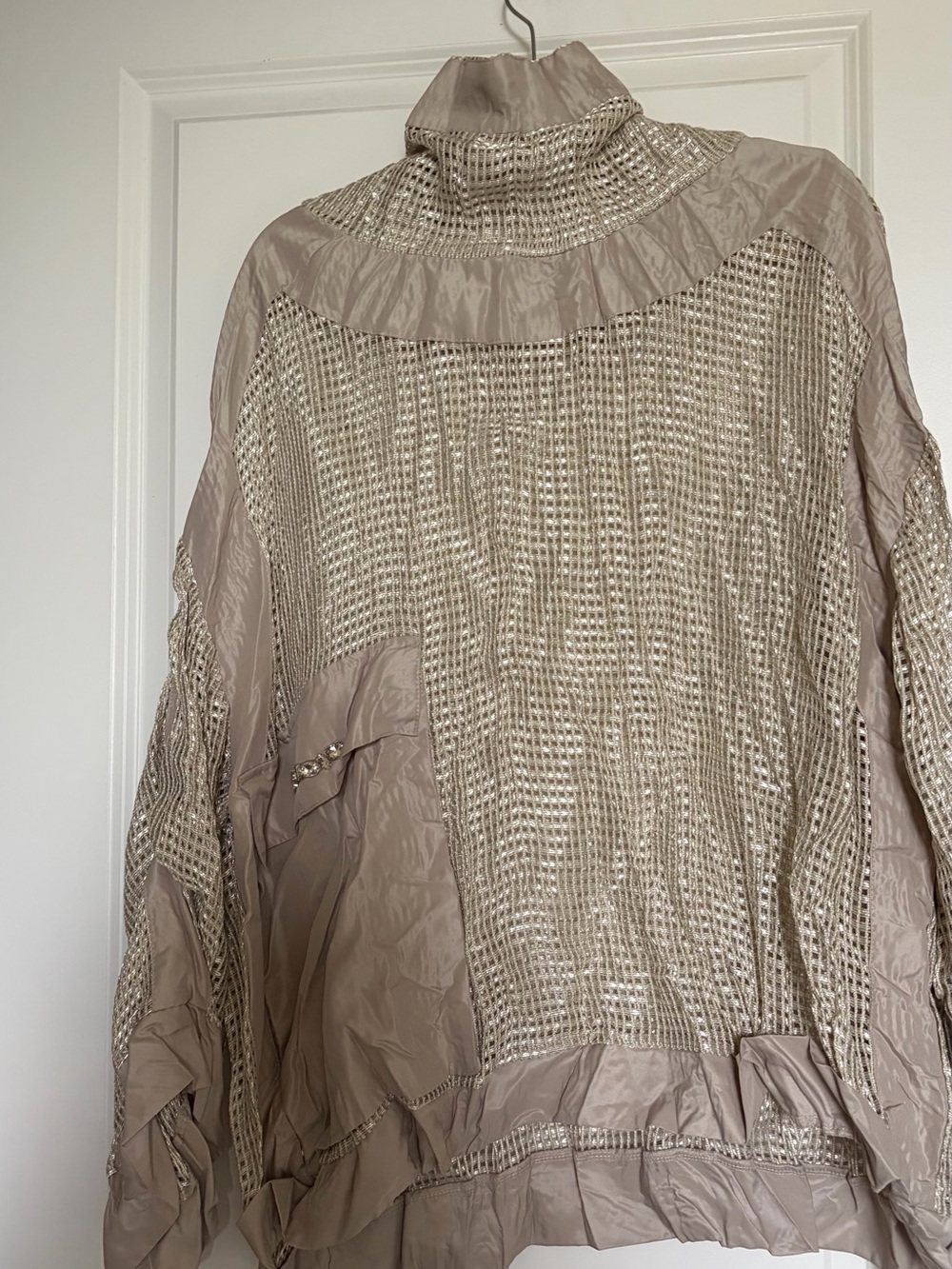 Neutral Metallic Knit High-Neck Pullover
